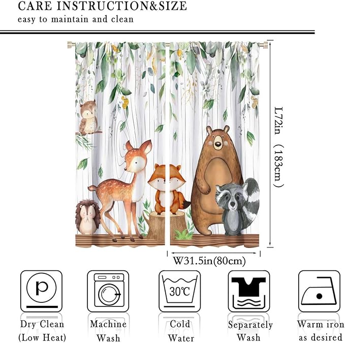 Forest Animal Curtains, Watercolor Wild Animal Bear Fox Deer Kids Window Treatments for Living Room Bedroom,Green Woodland Tree Kids Drapes 2 Panel Sets,63x72 Inch