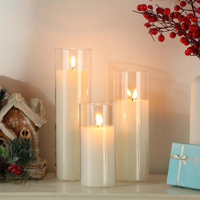 Shihanee Set of 6 Pillar Candles with Glass Cylinder Vases Clear Cylinder Hurricane Candleholders for Slim Tall Pillar Candles Wedding Table Centerpieces(3.4'' X 7", 9.8", 11.8",White)