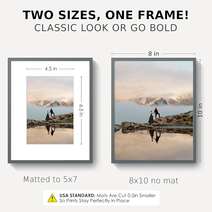 8x10 Picture Frame for 5x7 Photo, Minimalist Aluminum Frame, Gunmetal Gray | Sleek Metal Wall Frame for Gallery, Desk, or Gift Giving | Shatterproof Glass & Wall Kit
