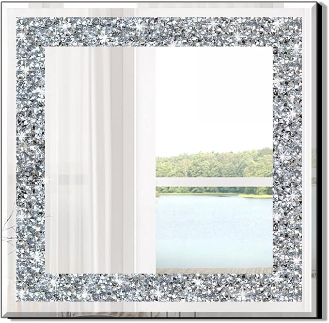 20" Square Crushed Diamond Silver Glass Mirror for Wall Decor | Sparkly Crystal Mirror. High-definition, sturdy wood frame. Perfect glam wall decor for living room, entryway modern home