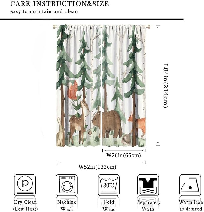 Forest Nursery Curtains - Woodland Bear & Wildlife Theme, Blackout 52x84 Inch 2 Panels