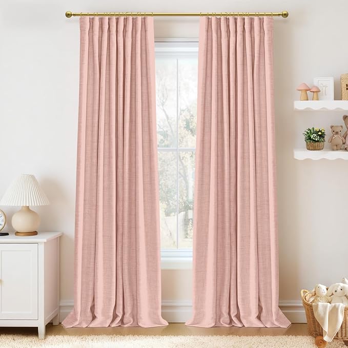 100% Blackout Shield Full Blackout Curtains for Bedroom 90 inch Length 2 Panels Set, Clip Rings/Rod Pocket Faux Linen Black Out Curtains for Living Room, Thermal Insulated, 50Wx90L, Blush Pink