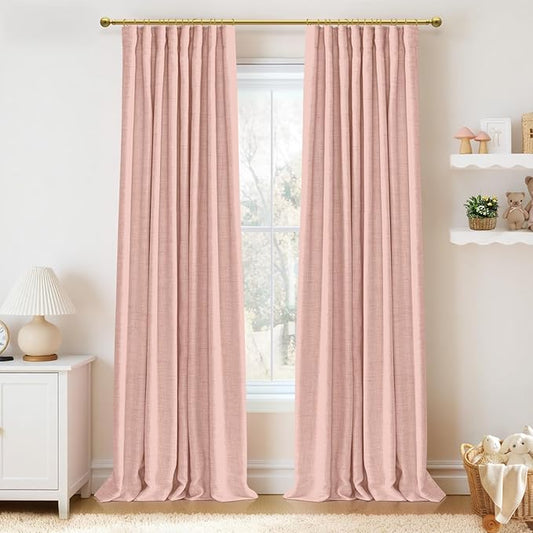 100% Blackout Shield Full Blackout Curtains for Bedroom 84 inch Length 2 Panels Set, Clip Rings/Rod Pocket Faux Linen Black Out Curtains for Living Room, Thermal Insulated, 50Wx84L, Blush Pink
