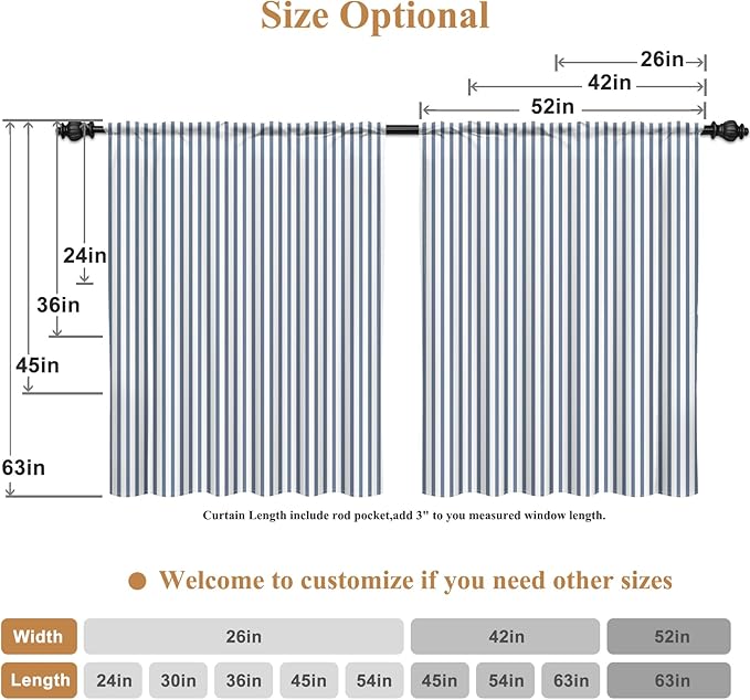 Renaiss 26 x 30 Inch Blue Stripe Kitchen Curtains Heavy Linen Tier Curtain Ticking Stripe Small Curtain for Living Room Bathroom Cafe Small Window Farmhouse Rustic Pinstripe Rod Pocket Drapes 2 Panels