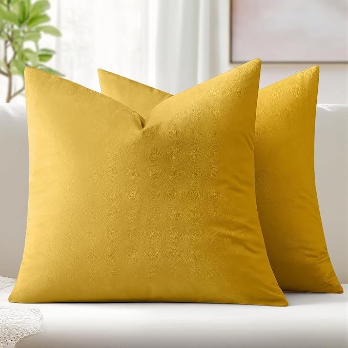 MIULEE Velvet Throw Pillow Covers 18x18 Inch, Pack of 2 - Lemon Yellow, Soft Solid Decorative Pillow Covers Cushion Cases Modern Luxury Home Decor for Spring Couch Sofa Bedroom Livingroom