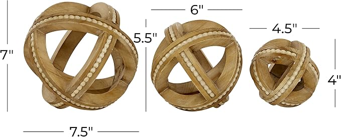 Deco 79 Wood Geometric Handmade Decorative Sculpture Beaded Home Decor Statues, Set of 3 Accent Figurines 7", 6", 4"H, Light Brown