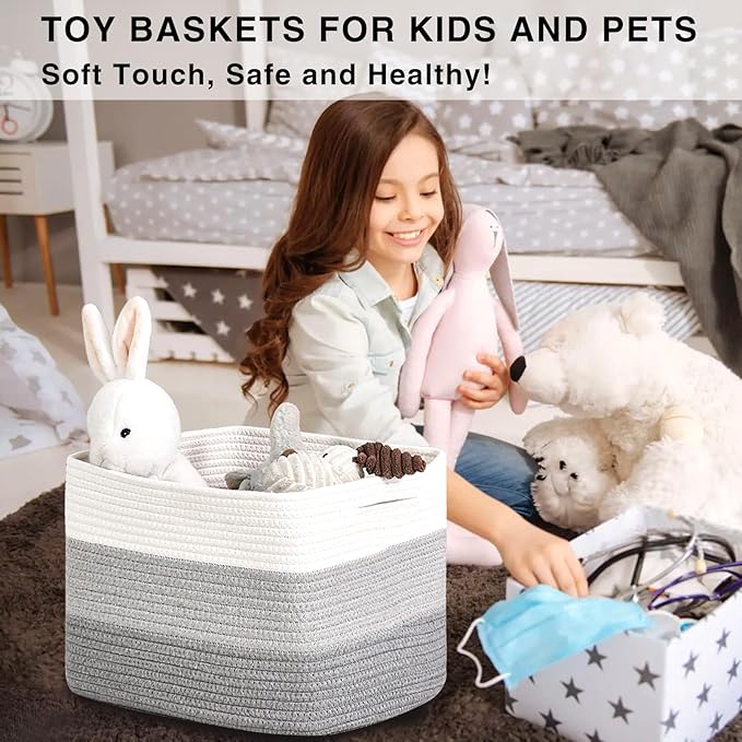 Storage Baskets for Organizing Shelves, Woven Cotton Rope Basket for Storage, Dog Toy Baskets Storage Kids, Book Bins for Living Room Bedroom, 14.8"×11"×9.5", Pack of 3, Gradient Grey