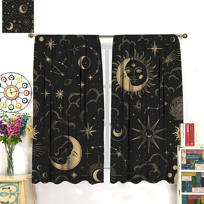 Sun Moon Blackout Curtains, Bohemian Art Theme Sky Sun Moon Gold Print Rod Pocket Window Treatment Drapes for Bedroom Living Room 55" W X 63" L