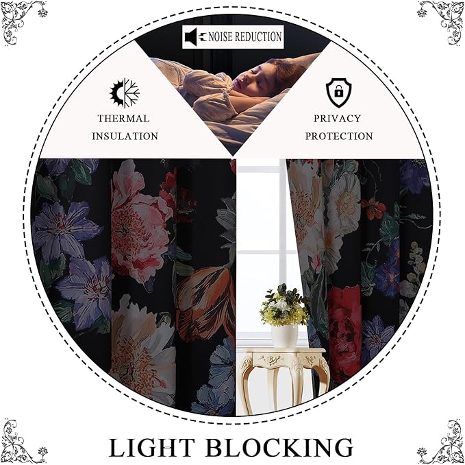 Estelar Textiler Blackout Boho Floral Curtains 96 inch Length 2 Panels Set，Rustic Vintage Flowers Print Patterned Black Out Curtains Thermal Insulated Window Drapes for Bedroom/Living Room,52Wx96L