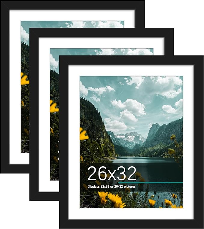 Picrit 26x32 Picture Frame 3 Pack, Black Poster Frame, Display Poster 22 x 28 with Mat or 26 x 32 without Mat for Horizontal or Vertical Wall Mounting