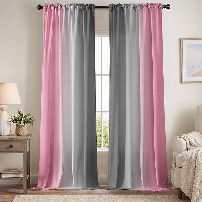 Pink Curtains 84 Inch Length 2 Panel Set Pink and Grey Ombre Curtains for Living Room Bedroom Farmhouse Ombre Light Filtering Window Curtain Modern Abstract Gradient Drapes