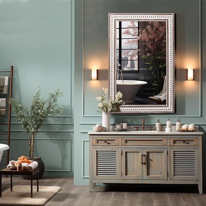 35x23 Inch Wood Rectangle Wall Mirror, Rustic Farmhouse Decorative Mirrors | Hang Vertical or Horizontal, Clean Straight Edges Add Boho Warmth Above Sinks, Vanities, Consoles, Dressers, or Sofas