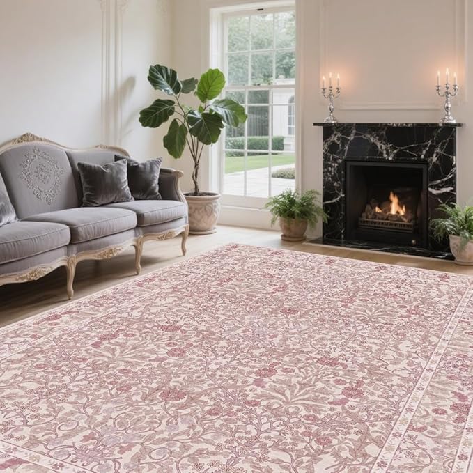 Vintage Pink Living Room Rug, 5x7 Washable Area Rugs for Dining Room Under Table, Soft Low Pile Large Carpet Bedroom, Non-Slip Boho Floral (5 x 7 Pink)