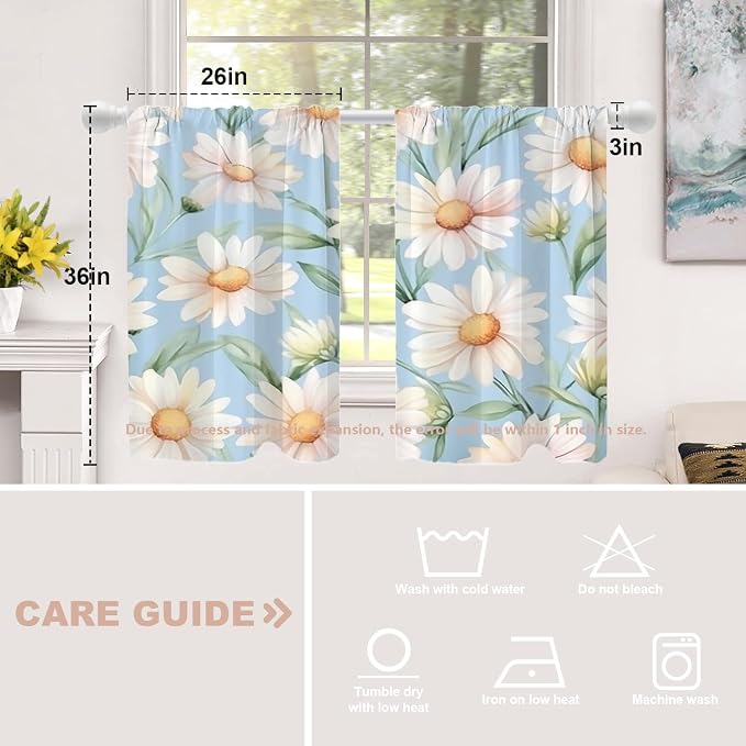Shrahala Daisies Leaves Blackout Curtain Tiers, White Daisies On Blue Kitchen Valance Light Blocking Tier Drapes with Rod Pocket, 2 Pack 26 X 36 in
