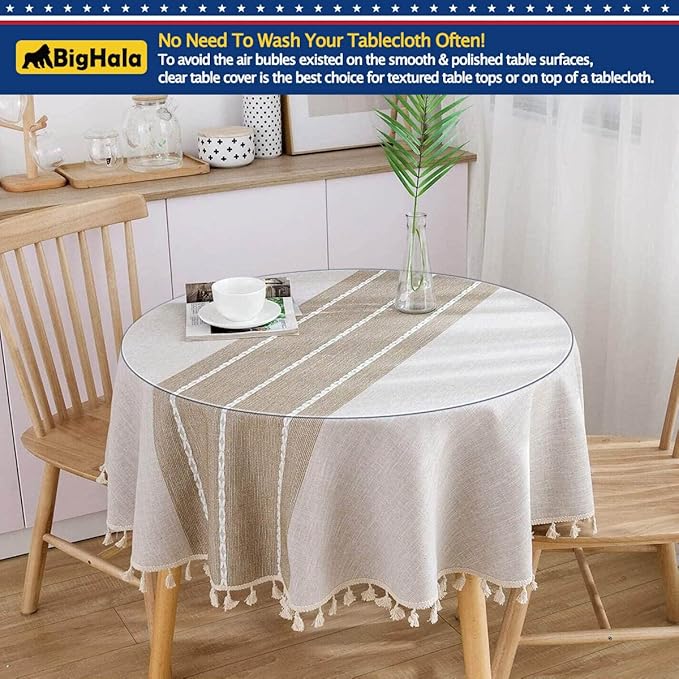 Round Clear Plastic Tablecloth Table Protector Furniture Circle Cover Vinyl Waterproof Wipeable PVC Water Heat Resistant for Dining Bed Side Table Top Topper Cover Glass Desk Mats Pad 42 Inch Diameter