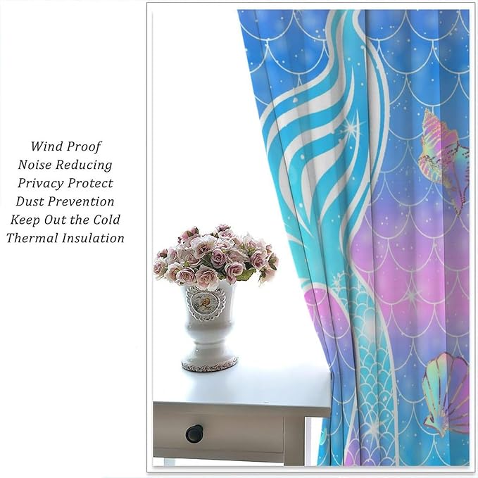 YCness Mermaid Curtains for Girls Bedroom Decor Rainbow Mermaid Tail Fish Scale Fantasy Ocean Theme Art Printed Blackout Window Drapes Fabric Set 2 Panel 52x84 Inch 80% Shading Rate