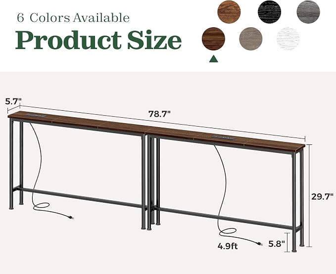 SUPERJARE 78.8 inch Narrow Console Table with Outlet, Sofa Tables, Behind Couch Table, Long Entryway Tables with Charging Station, for Living Room, Walnut