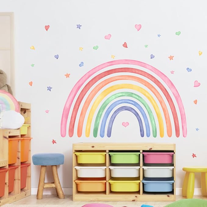 42" x 26" Rainbow Wall Decals Stickers for Girls Nursery Peel and Stick Watercolor Rainbow Hearts Stars Vinyl Wall Mural for Kids Toddlers Bedroom Playroom Classroom