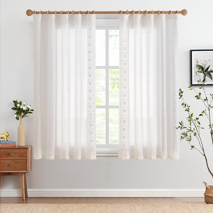 jinchan Weslie White Linen Curtains for Bedroom Vintage Floral Farmhouse Curtains 63 Inches Long Linen Drapes for Living Room Embroidered Light Filtering Drapes Rustic Cottagecore Off White 2 Panels