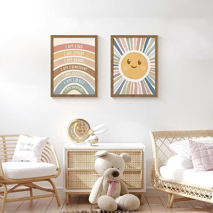2 Piece Framed Boho Rainbow Kids Room Wall Art 16x24 Inch | Positive Affirmations Playroom Wall Decor, Sun Smiley Face Nursery Painting Canvas Prints for Classroom Toddler Room Decor