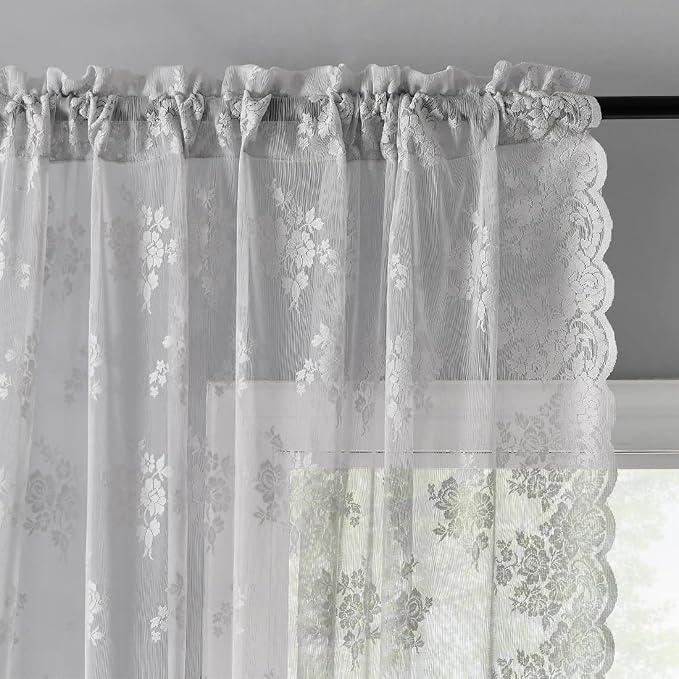 Kotile Grey Pattern Sheer Curtains 63 Inch Long, Country Rustic Floral Embroidered Grey Lace Curtains for Bedroom, Rod Pocket Privacy Vintage Scalloped Lace Curtain 2 Panels, 52 x 63 Inch