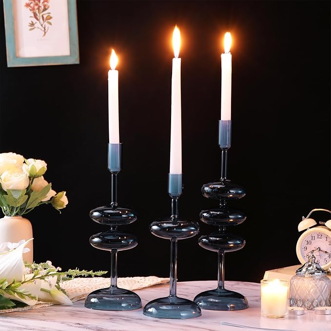 LemonRoad Glass Taper Candle Holders Set of 3, Bubble Candlestick Holders for Table Centerpiece, Elegant Wavy Stacked Geometric Candleholders for Wedding, Dinner, Party, Home Decor(Deep Blue)