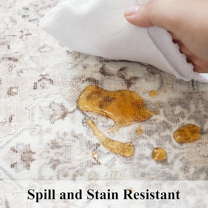 8x10 Living Room Rug for Family- Washable Oriental Stain Resistant Rugs for Bedroom Nursery Non Slip Ultra Soft Carpet for Dining Room Medallion Farmhouse Home Decor Floor Decoration Mat (8x10 Beige)