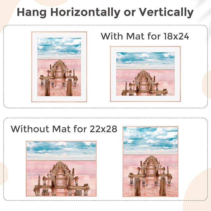 FLYJOE 22x28 Metal Picture Frame For Wall With Mat For 18x24, 22''x28'' Aluminum Photo Frames With Tempered Glass, Minimalist Modern Poster Frame Horizontal And Vertical Formats, Rose Gold
