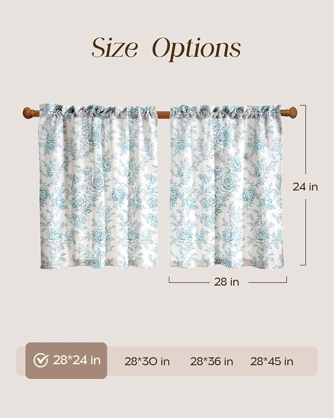 Miss Adola Farmhouse Kitchen Tier Curtains - 24 Inch Length Linen Blend Cafe Curtains Blue Floral Small Window Treatments Over Sink Rod Pocket for Bathroom Living Room Light Filtering, 2 Panels