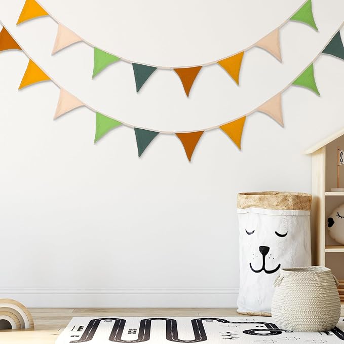 Oudain 2 Pcs Pennant Banner Flags Nursery Garland Triangle Bunting Flags Playroom Wall Decor Banner for Nursery Baby Shower Birthday Boho Wedding Party Event, Each 7.75 ft(Retro Forest Color)