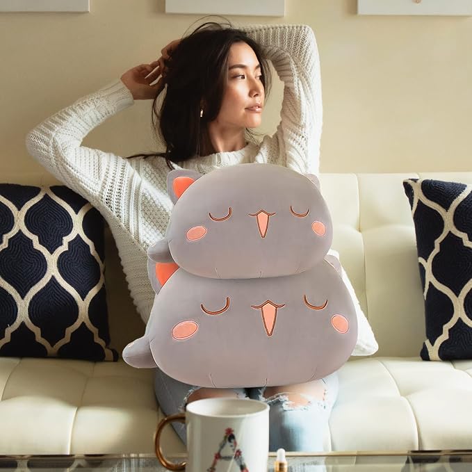 FUYU Cat Stuffed Animals, Soft Cat Plush Pillow Kawaii Kitten Stuffed Animal Toy Gifts for Kids Boys Girls Room Decor (Gray Squinted,35in/87)