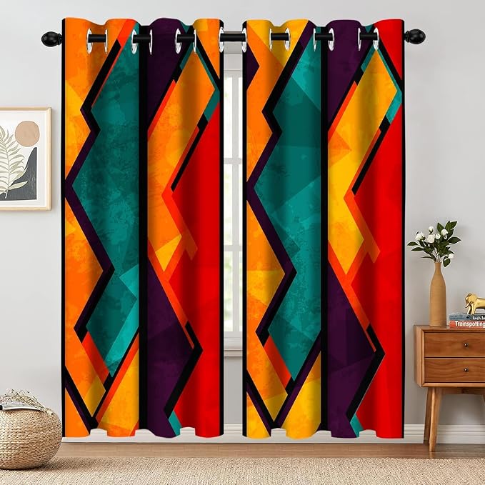 Colorful Abstract Blackout Window Curtains, Geometric Red Orange Cyan Pattern Aesthetic Art Living Room Bedroom Decor Thermal Curtain Darkening Grommet Window Drapes Treatments, 2 Panels 52x96 Inch