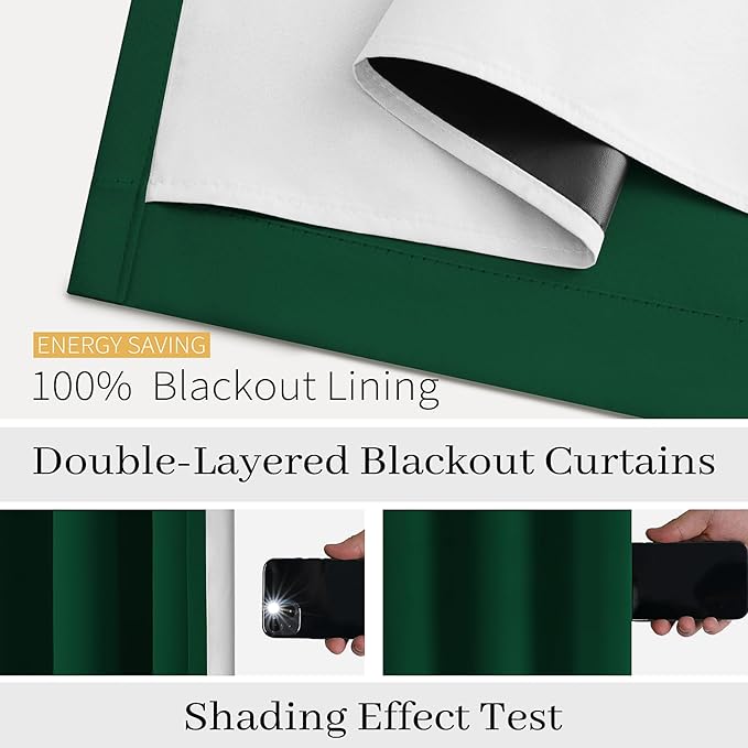 COSVIYA Dark Green 100% Blackout Curtains for Bedroom with White Back, 2 Thick Layers Full Room Darkening Thermal Insulated Grommet Window Drapes, 52x84 Inch, 2 Panels