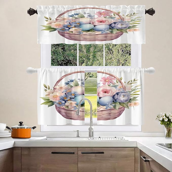 Shrahala Basket Flowers Eggs Blackout Short Curtains for Windows, A Basket with Floral and Eggs Kitchen Valance Thermal Insulated Rod Pocket Window Treatment for Bathroom 2 Pack 52 X 18 in