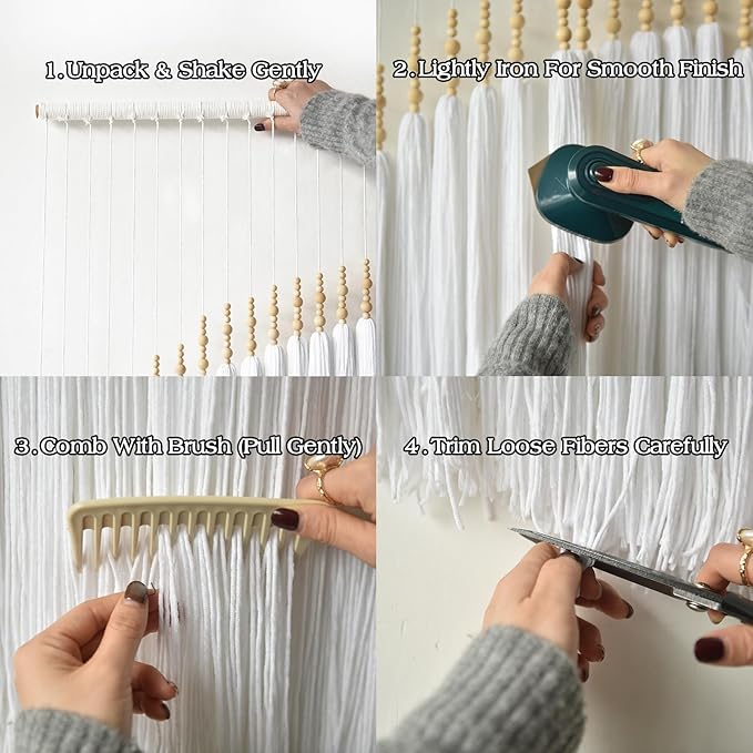 IOWER Boho Wall Decor Yarn Wall Hanging Macrame Wall Hanging Fiber Wall Art White Beads Tassel Wall Decor Boho Chic Home Decor 39" W x 55" L