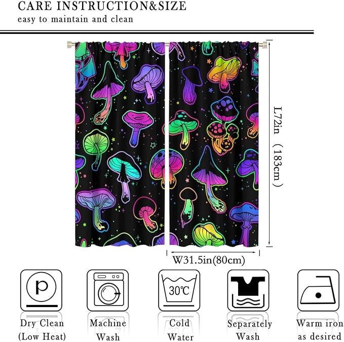 Mushroom Curtains Colorful Cartoon Plant Print Window Treatments for Bedroom Living Room Kitchen Fantasy Psychedelic Mushroom Window Drapes 2 Panels Set,Total Size 63 x 72 Inch