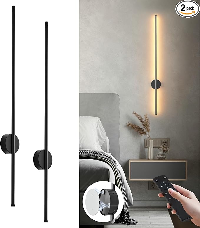 Battery Operated Modern Wall Sconces Set of Two,Rechargeable Wireless Wall Lights with Remote Control,Dimmable,3CCT,Timer,360°Rotation,Cordless Lighting for Bedroom,Living Room,Hallway,Black,39.3 Inch
