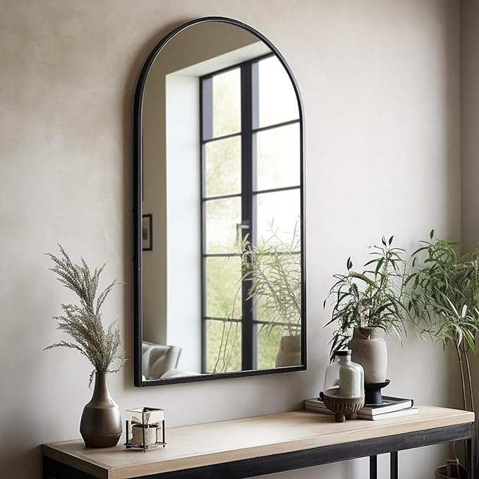 Dewfig Arched Wall Mounted Mirror, 42"x24", Arch Black Mirror for Bathroom Vanity, Living Room or Bedroom, Entryway, Hallway Wall Mirror, Farmhouse Decorative Mirror for Hanging, Black, Iron Frame
