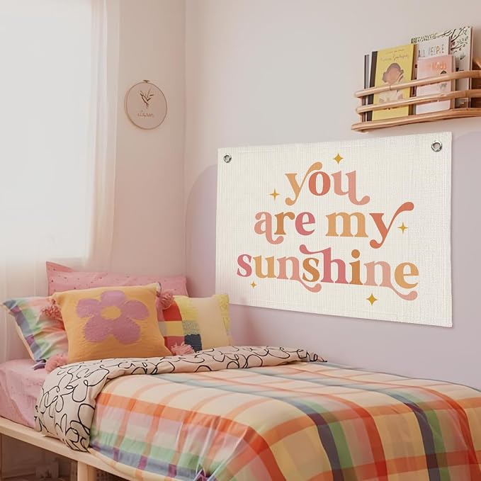 Girls Room Decor, Baby Girl Nursery Baby Shower Decor Gift, You are My Sunshine Linen Canvas Banner, Pink Boho Wall Hanging Banner Flag 20x30 Inch