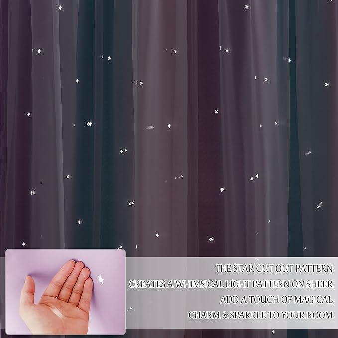 NICETOWN Blackout Curtains - Nursery Stars Cutout Decor for Bedroom Window Double Layer Drapes Sheer Overlay, Ombre Curtains for Living Room, 52 x 90 Inch, 2 Panels, Purple & Blue & Pink