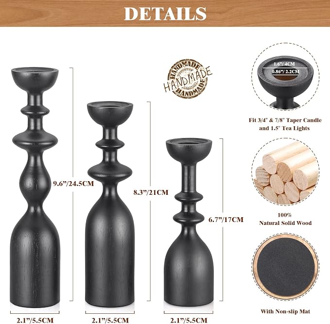 HOWSILAY Wood Candle Holders for Table Centerpiece Black Candlestick Holders - Rustic Candle Stick Candle Holder fits 3/4" or 7/8" Taper Candle and Dia 1.5" Led Tea Lights Candles or Pillar Candles | Solid Handcrafted Wood, 3 Assorted Heights, Fits Tap...