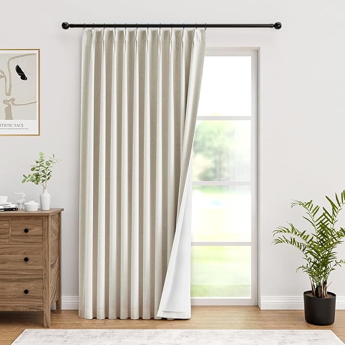 IVAPUPU Natural Pinch Pleated 100% Blackout Curtains Linen Blend Room Darkening Window Curtains 1 Panel for Living Room Bedroom Thermal Insulated Curtain Drapes with 12 Pcs Hooks 60''Wx112''L