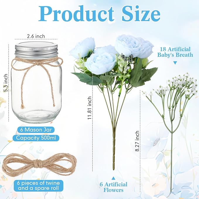 Zeyune 6 Sets Mason Jar Centerpiece Table Decorations, Artificial Peony Baby's Breath Flower Bouquets, Faux Flowers with Vase, Rustic Decor Gifts for Home, Wedding, Holiday (Blue)