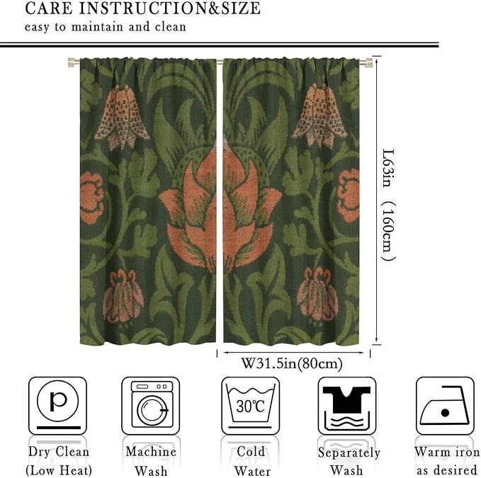 Vintage Bohemia William Morri Plant Flowers Blackout Window Curtains, Abstract Art Retro Plants Pattern Print Window Drapes, for Bedroom Living Room 31.5(W)*63(L) 2 Panels