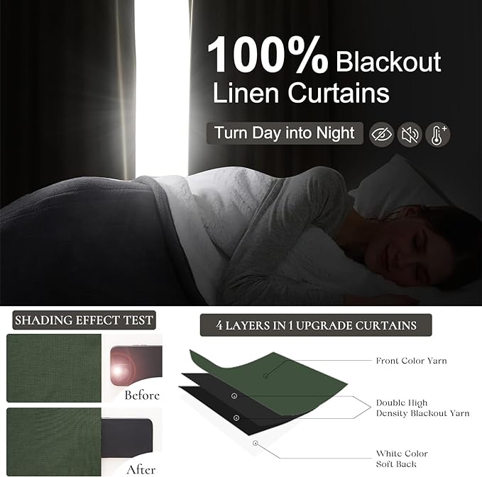 Dark Olive Green Curtains 70 Inch Length Extra Wide Pleated Black Out 90 Inch Long for Living Room, Linen Thick Sliding Glass Door Heavy Duty Insulated Large Window Drapes (70"Wx90"Lx 2Panels Loden)
