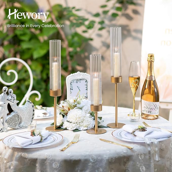 Hewory Gold Hurricane Candle Holder: 6PCS Candlestick Holders for Decor | Ribbed Glass, Brass Taper Candle Holders at 3 different heights, for Table Centerpiece Wedding Party Christmas Decorations
