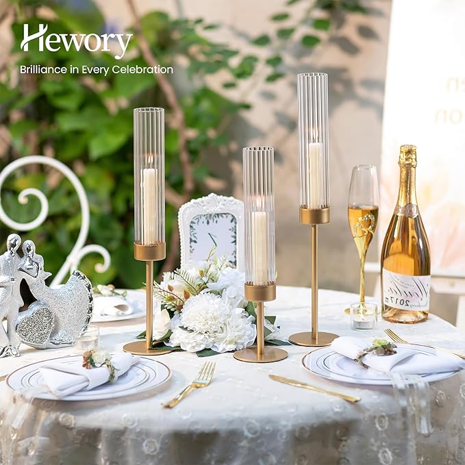 Hewory Gold Hurricane Candle Holder: 3PCS Candlestick Holders for Decor | Ribbed Glass, Brass Taper Candle Holders at 3 different heights, for Table Centerpiece Wedding Party Christmas Decorations