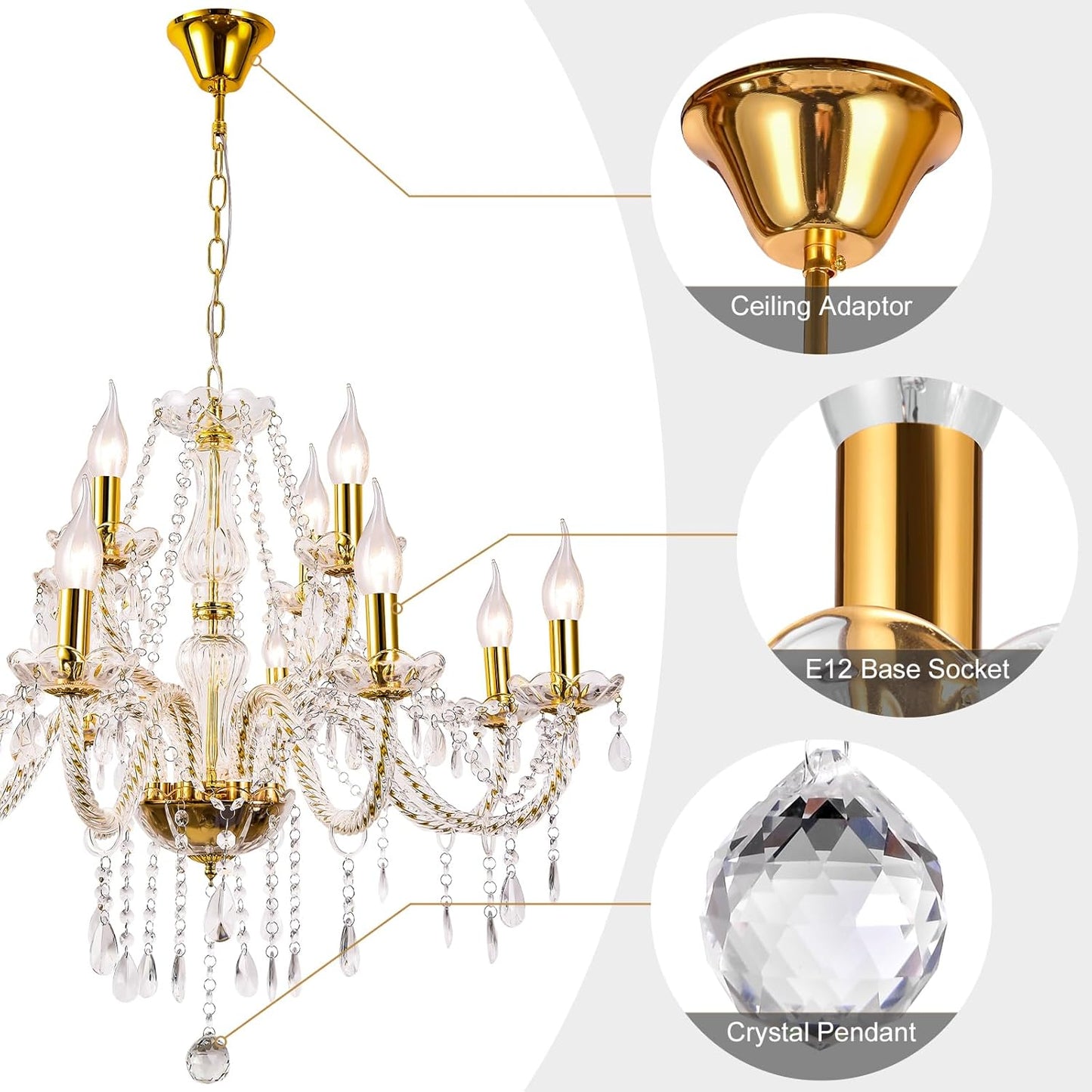 Modern Elegant 15 Lights K9 Crystal Glass Chandelier Golden Pendant Ceiling Lighting European Style for Dining Living Room Bedroom Transparent,15 E12 Bulbs Required
