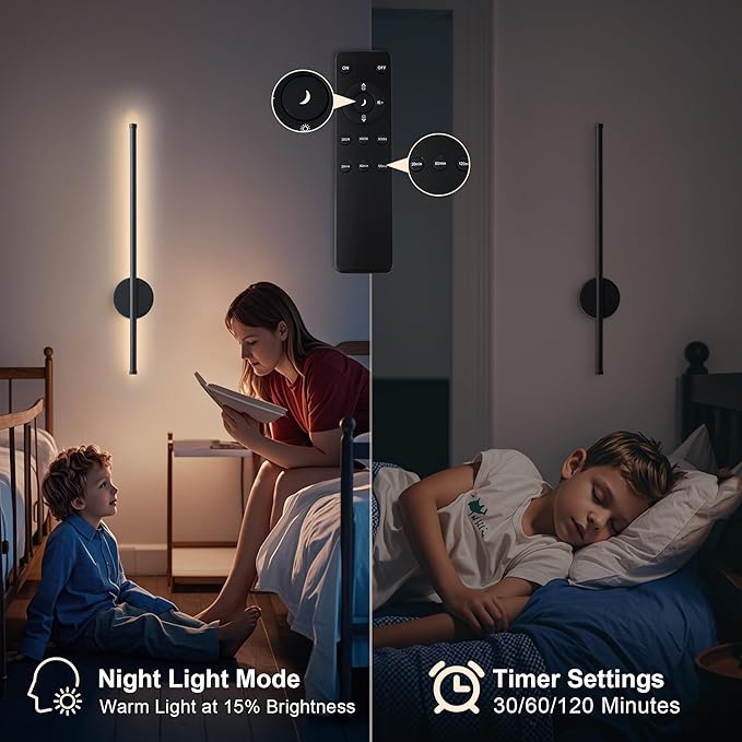 Battery Operated Modern Wall Sconces Set of Two,Rechargeable Wireless Wall Lights with Remote Control,Dimmable,3CCT,Timer,360°Rotation,Cordless Lighting for Bedroom,Living Room,Hallway,Black,27.6 Inch
