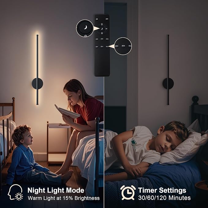 Battery Operated Modern Wall Sconces, Dimmable Wireless Wall Light Set of Two with Remote Control, 3 Color Temperatures, Rechargeable LED Wall Sconce for Bedroom, Living Room, Hallway, 23.6 Inch Black